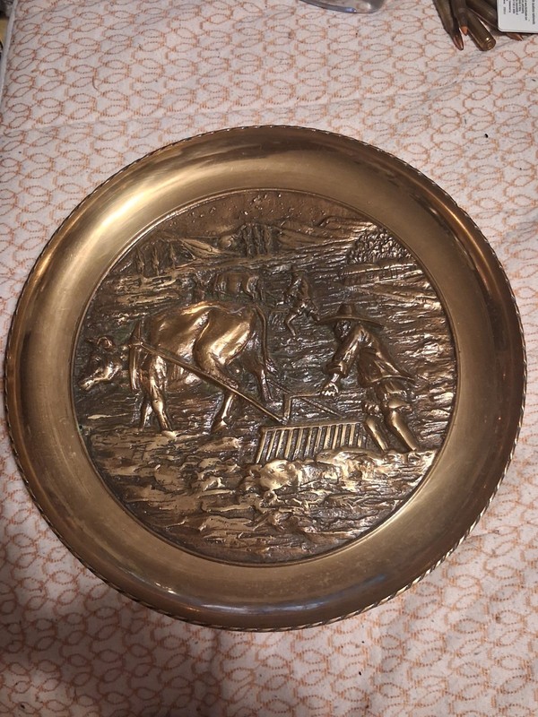 Vintage Bronze Brass "Playing Board Game" Decor Charger Plate - Made in Korea