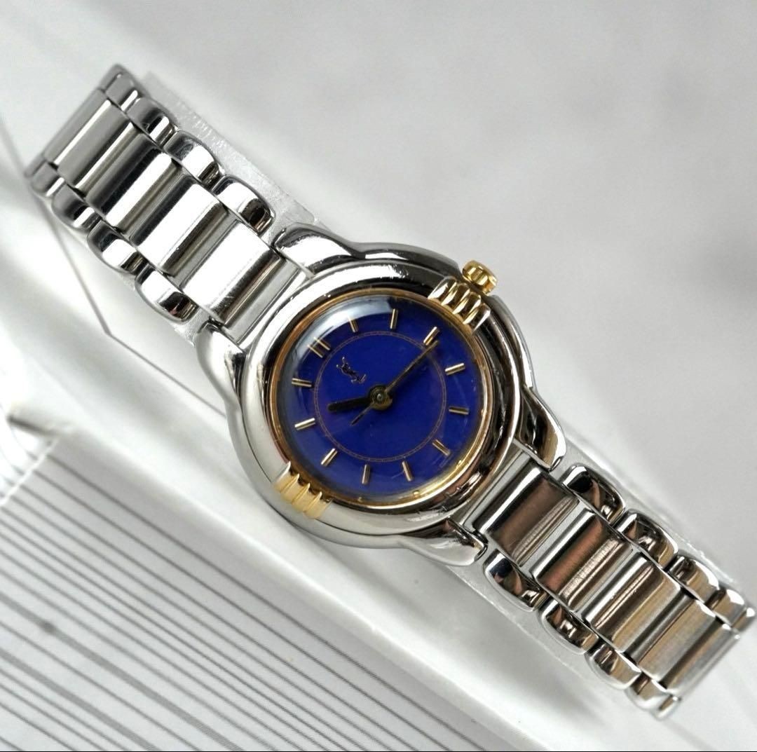 Yves Saint Laurent YSL Blue Dial Quartz Watch Silver Gold Vintage