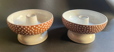 MCM Edith Nielsen Zeuthen Denmark Pair of Candlesticks Redware w/ Polka Dots