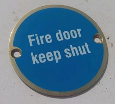 Vintage old Shop stock ironmongery brass door sign 3" keep fire door shut safety