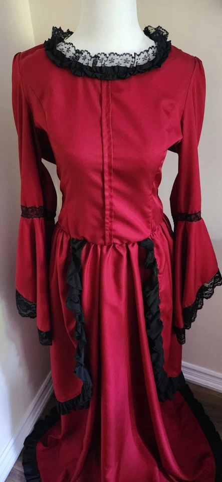 VESTIDO DE NAVIDAD VICTORIANO ESTILO 1800 rojo y negro encaje EE. UU. 12 talla L nunca usado Foto 3 de 4