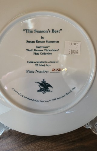 "The Seasons Best" 1991 Budweiser Clydesdale Plate by Susan Renae Sampson - Picture 4 of 6