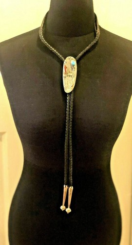 JOHN HORNBEK Tufa Cast Sterling Silver BRANCH CORAL & KINGMAN TURQUOISE BOLO Tie - Picture 10 of 12