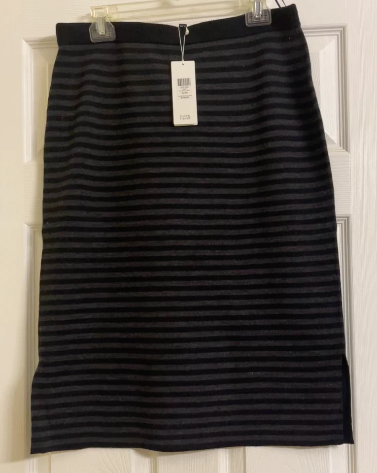 NWT $218 Eileen Fisher Charcoal/Black  Merino Doubleknit Stripe Pencil Skirt L