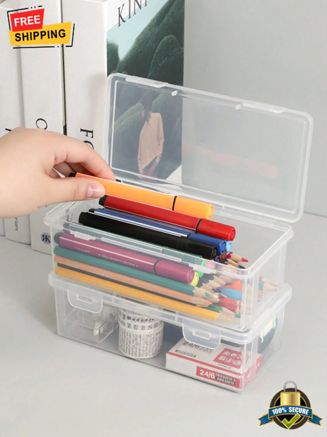 1 Pc Transparent Large Capacity Plastic Pencil Case For Pens & Crayons Storage