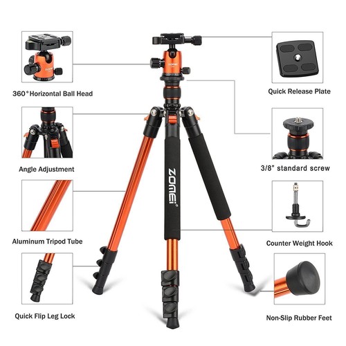For Canon Nikon DSLR Camera ZOMEI 555 Pro Orange Tripod Ball Head Stand Travel - Picture 3 of 9