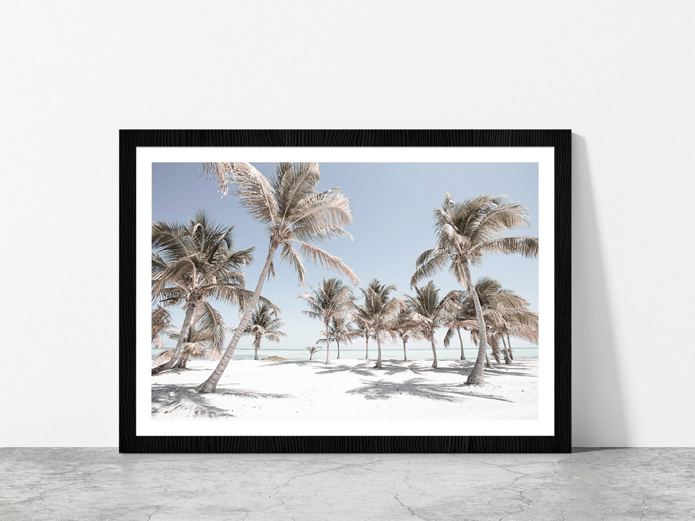 Beach & Palm Trees Blue Sky Faded Photograph Glass Framed Wall Art Ready to Hang