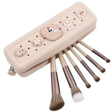 Makeup Brush Pouch Beige Cosmetic Organizer Bag with Charms for Travel