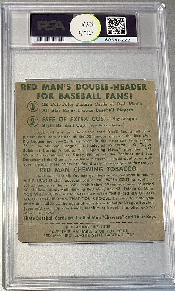 1952 Red Man Tobacco With Tab Baseball #23 Ted Williams Red Sox PSA 1 Low  Pop