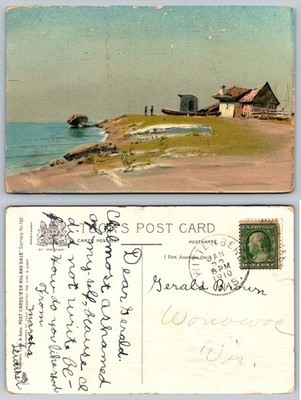 1910 Kennebunk ME Coastal Scene Postcard Fishermen Shack Boat Raphael Tuck