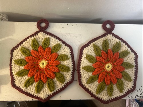 Vintage Crochet Potholders Trivet Hot Plate Retro 70's MCM Wall Decor Wall Decor