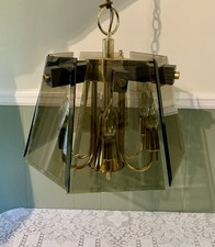 MCM 1970 s SWAG 6 BEVELED SMOKEY GLASS PANEL 6 CANDLE 1 FLOOD LIGHT CHANDELIER