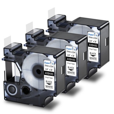 3PK 18445 Black on White Industrial Vinyl Tape Label For DYMO Rhino 4200 19mm
