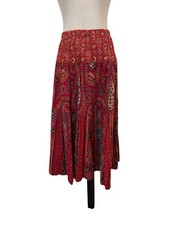 Vtg 70s Red Paisley Tired Midi Skirt Cotton Boho Praire Western Sz M Cottagecore
