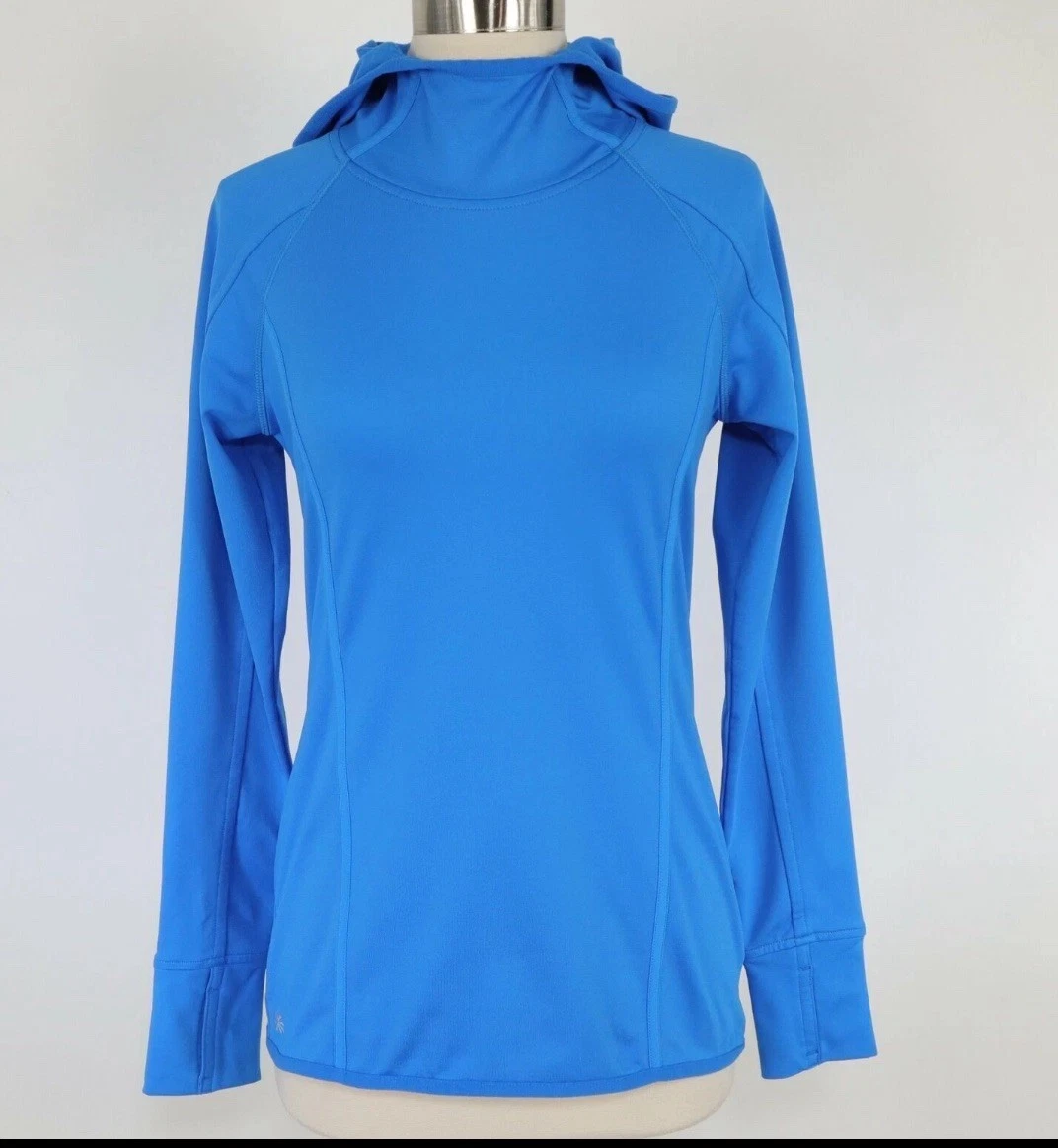 Athleta Plush Tech Hoodie Pullover Sweater Womens M Thumbholes Blue Stretch Run