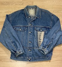Vintage 90s LA Gear Denim Trucker Jacket Men s L Blue Woven Panels Boho Grunge