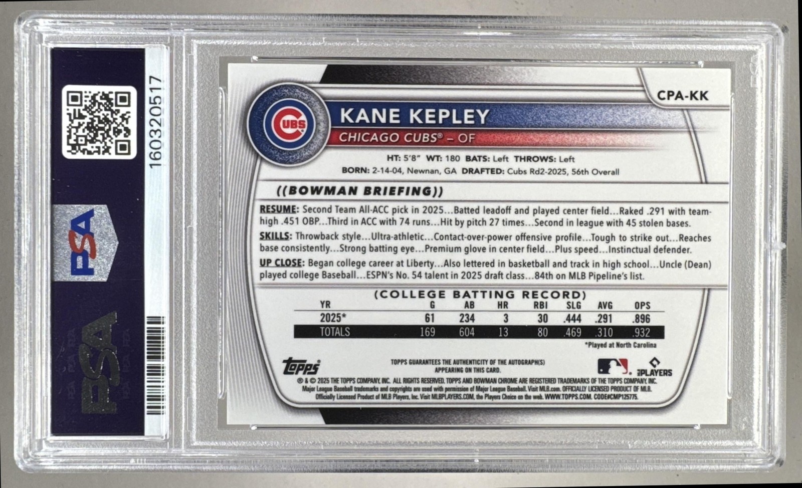 Kane Kepley 2025 Bowman Chrome Draft Orange Refractor 1st RC Auto 3/25 PSA 9 view 2