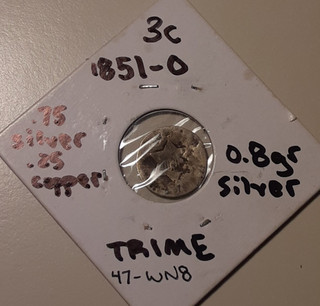 1851 O Three Cent Piece 3c Silver Trime New Orleans Mint (stock #47 WN8/RB8)