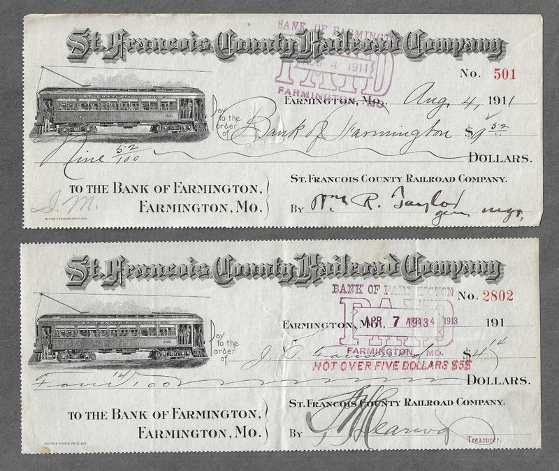 Two 1911 Farmington Missouri Bank Drafts "Trolley Car"