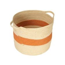 Round Handwoven Rope Basket with Terracotta Stripe and Handles, Natural