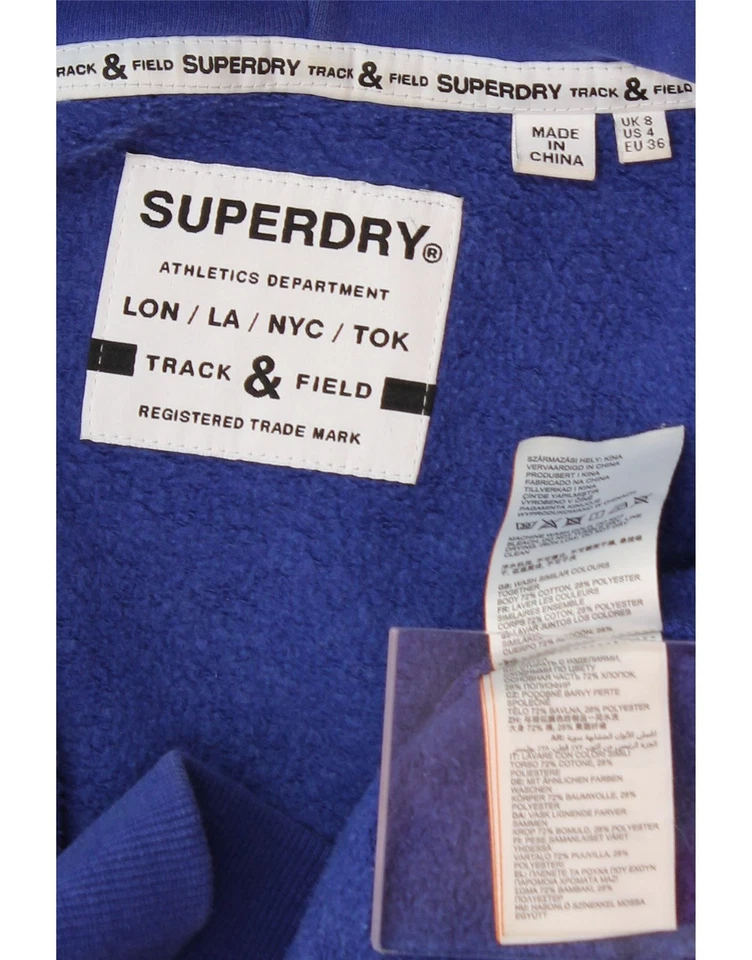SUPERDRY Mujer Pista y Campo Gráfico Cremallera Sudadera con Capucha Suéter Reino Unido 8 Pequeño Azul DK19 Foto 4 de 4