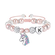 Unicorn Bracelet Gifts - Pink Pearl and Rhinestone Balls Heart Initial K Unic...