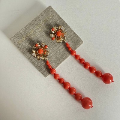 NWT Miriam Haskell NY Coral Orange Bead Long Dangle Earrings Rhinestone Accent
