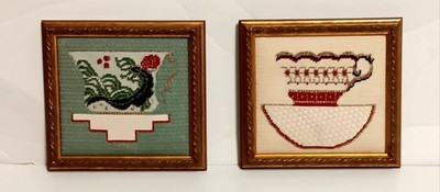 Vintage Framed 2 Pc Wall Needlepoint Cup & Saucer Country Cottage Decor 6.5'' MCM