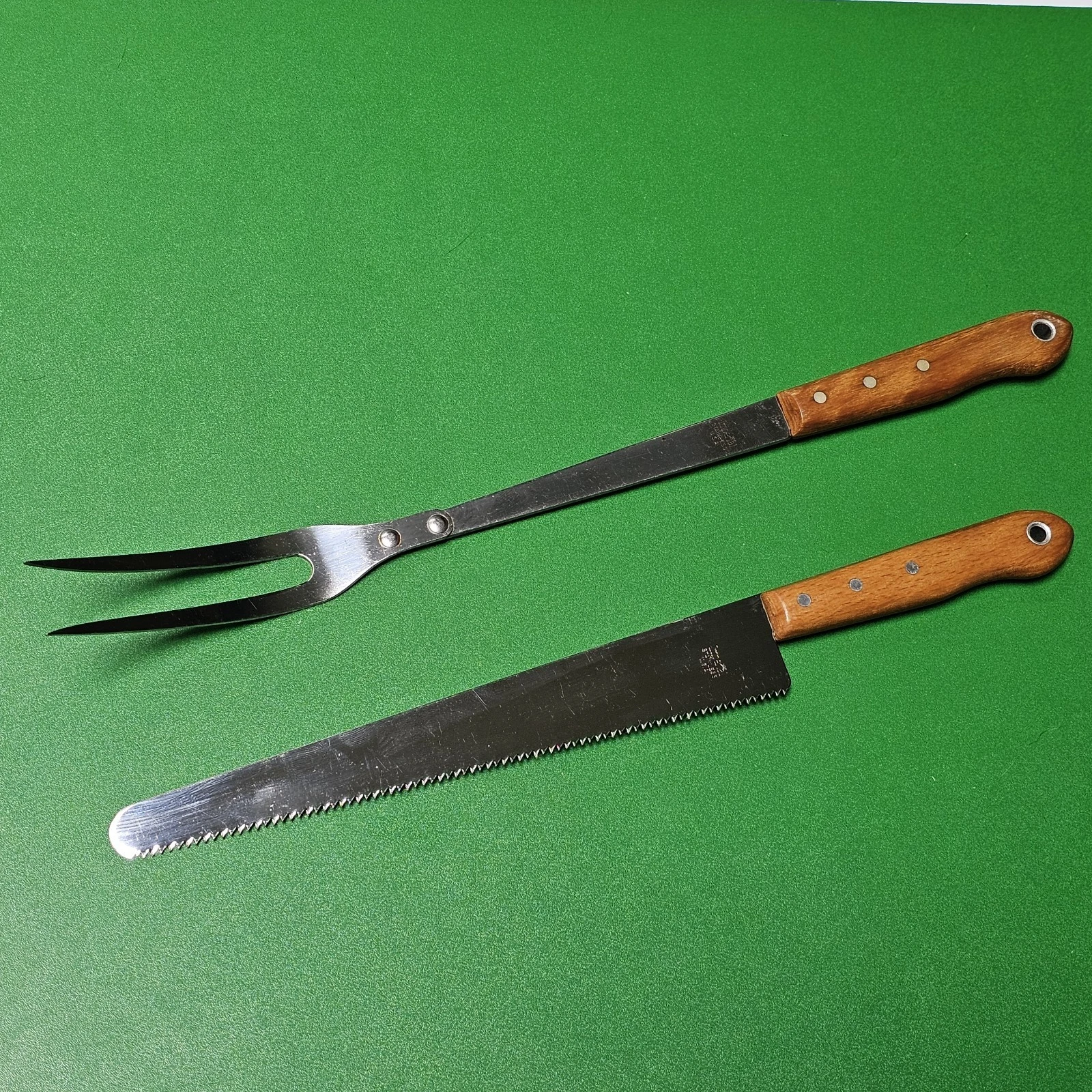 Vtg Imperial USA Serrated Bread Knife Carving Fork Stainless Steel Wood Handle