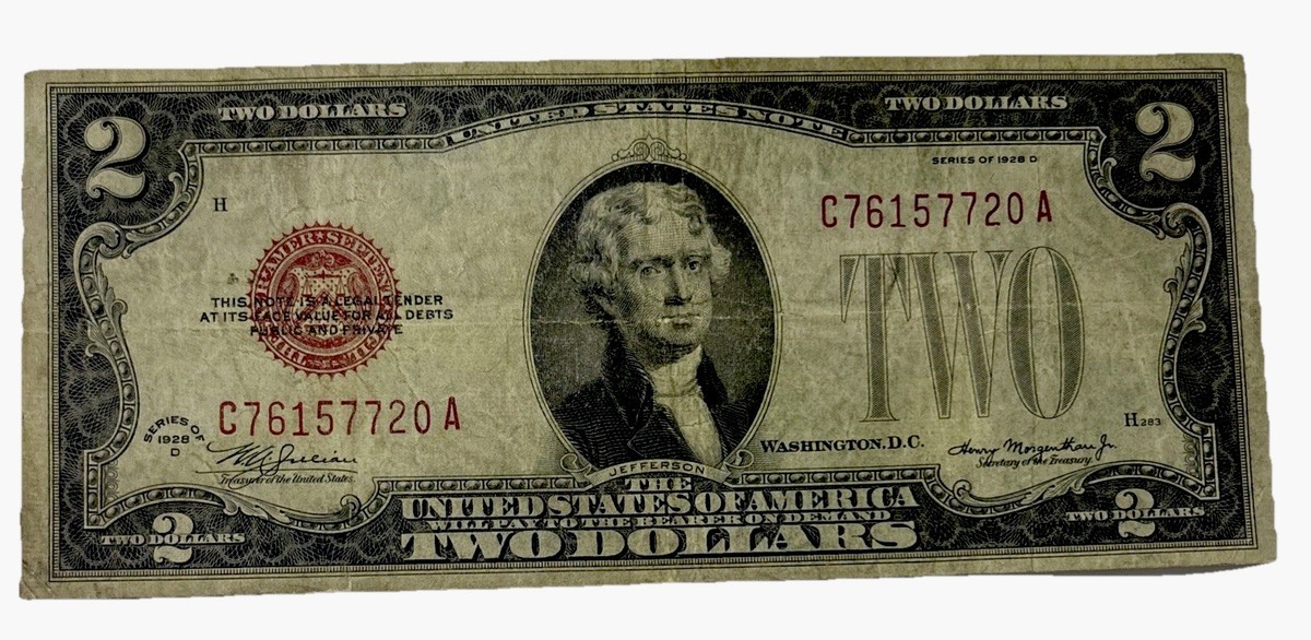 $2 Two Dollar Bill With Red Seal-1928 D Series RARE United States