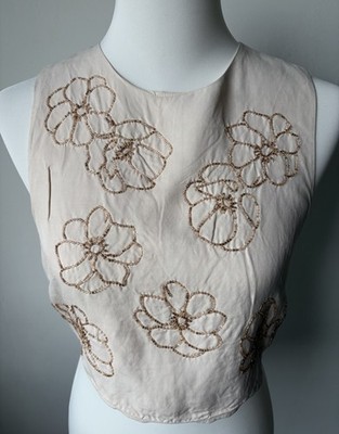 & Other Stories Crop Top Perlen Bestickt Blumen Creme Gold, Gr. 36