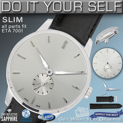 DO IT YOURSELF KIT : SLIM CASE 41MM,  SILVER DIAL, HANDS, BR, fit ETA 7001