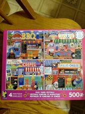 Ceaco Box Of 4-500 Piece Puzzles Food Truck BBQ Art Essex & NY Sheep Festivals