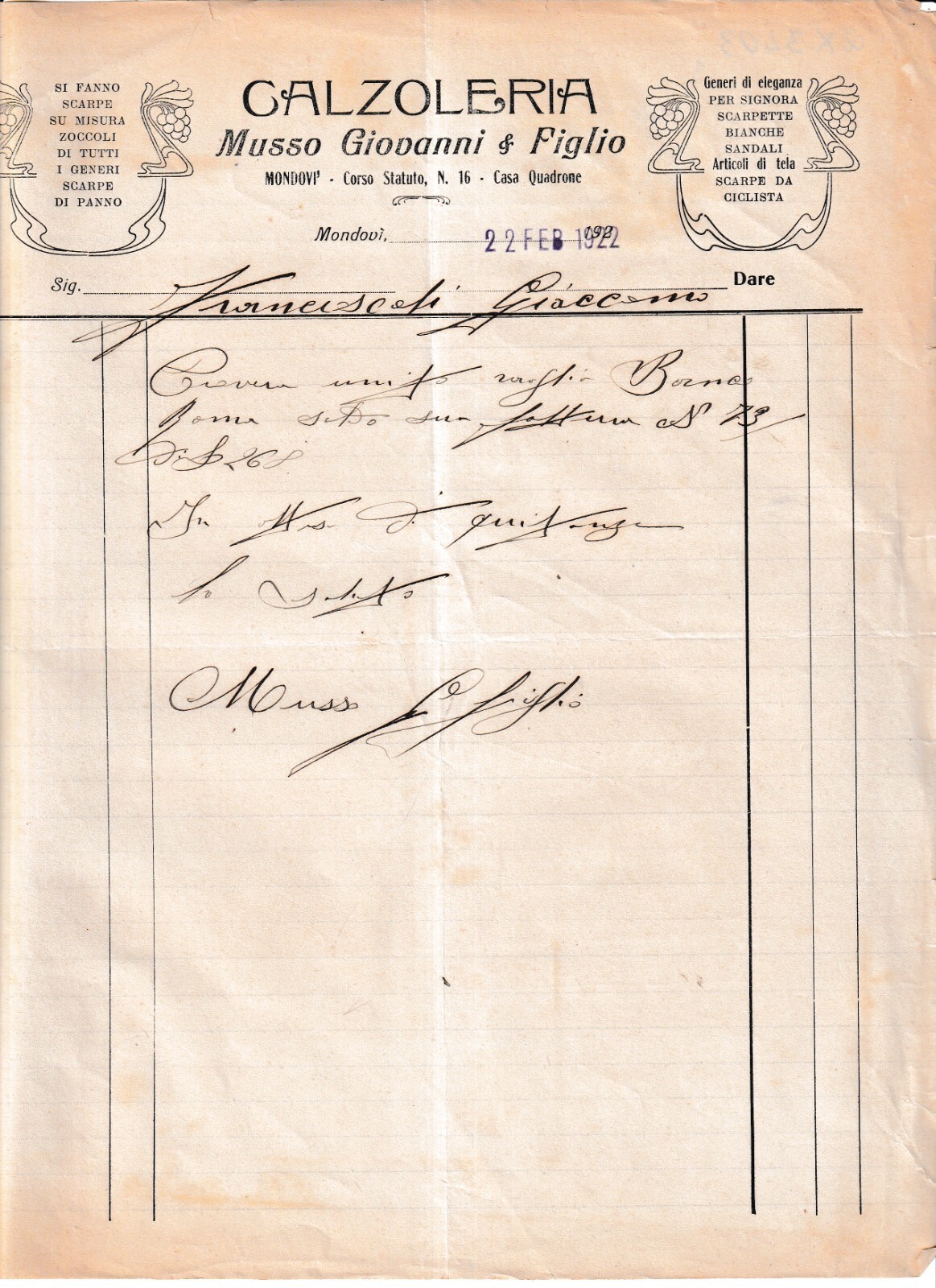 Carta Intestata Mondovì Calzoleria Musso e Figlio Scarpe da Ciclista 1922 QX3403