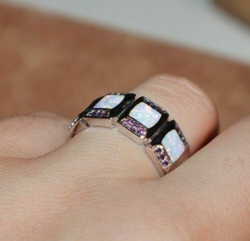 inlaid fire opal zirconia ring silver plate jewelry cocktail engagement wedding - Picture 7 of 31