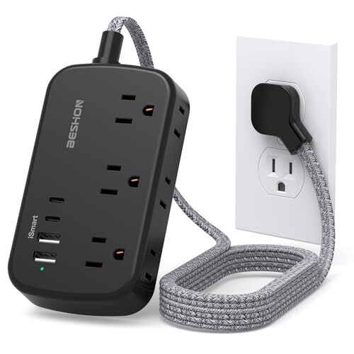 Extension Cord Flat Plug Power Strip with USB C, 6 Outlets 4 USB 5FT Black-image