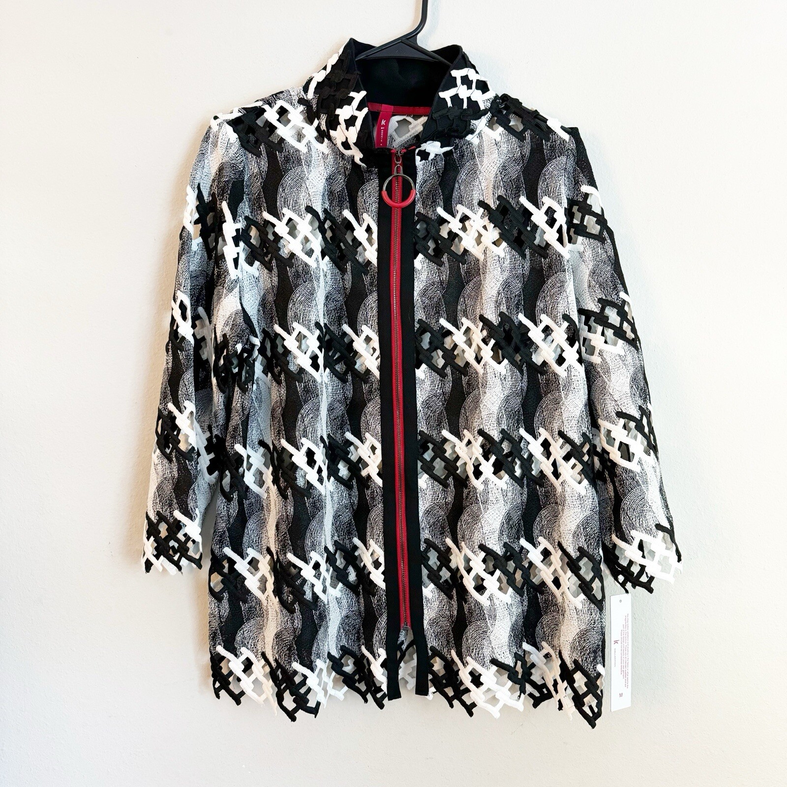 IC By Connie K Open Cut Work Zip Up Tunic Red Black White Size M