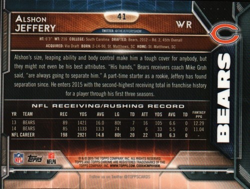2015 Topps Chrome #41a - Alshon Jeffery - Chicago Bears 15-321 - Picture 2 of 2