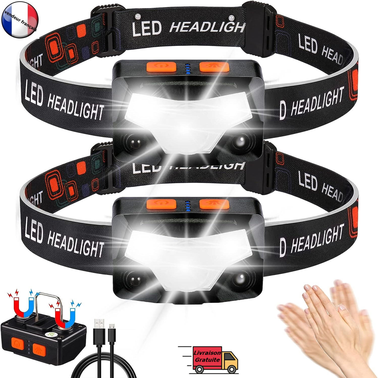 Lampe frontale LED 2000 lumens avec batterie rechargeable USB longue autonomie