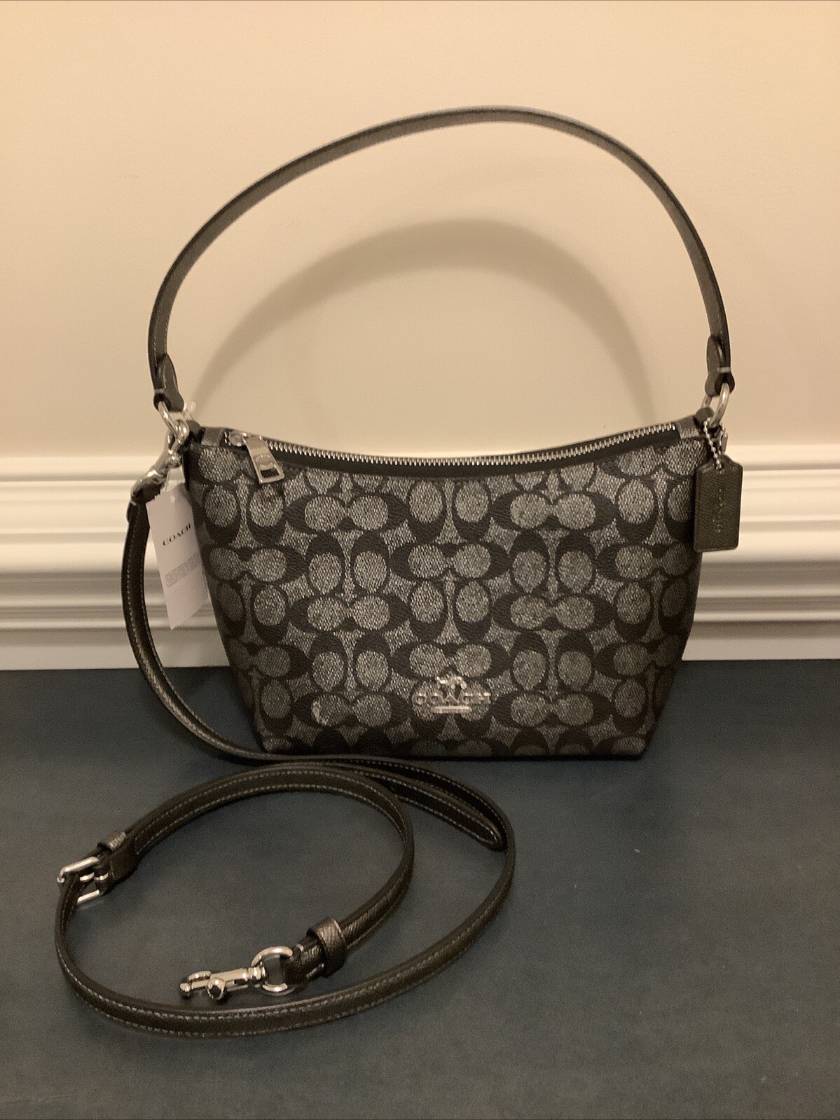 Coach Zip Top Shoulder Bag in Signature Canvas with Gunmetal Leather - NWT