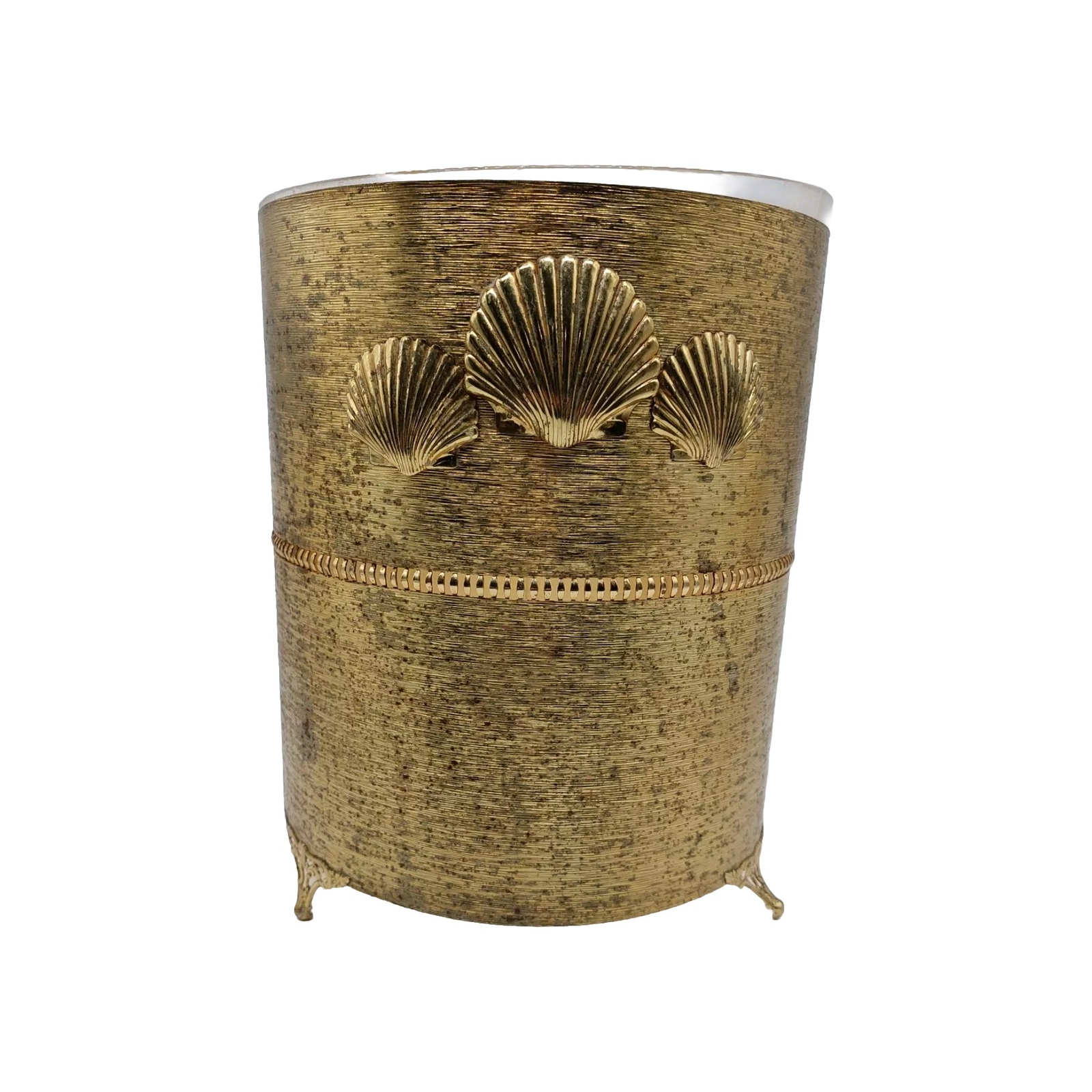 Vintage MCM Stylebuilt Gold Waste Basket Trash Can Seashells Plastic Liner READ
