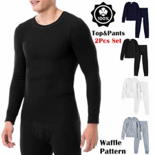 Men 100% Cotton Waffle Knit Thermal Long Johns Underwear Top & Bottom 2PCs Set