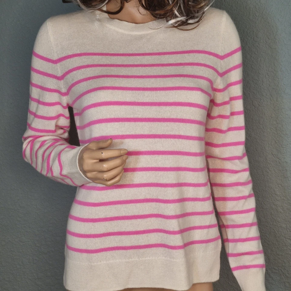 NEW Antonio Melani Cashmere Sweater Pink White Striped Crew Neck Pullover Size M - Изображение 2 из 4