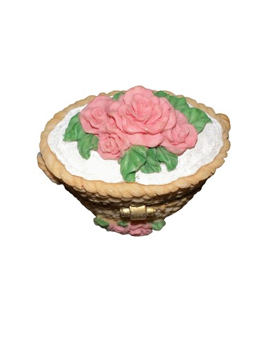 Vintage Keramik Blumenkorb Schmuck Box Klappdeckel rosa Blumen Korb gewebt - Bild 3 von 8