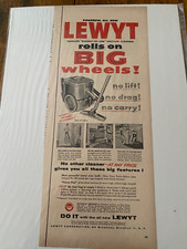 Ancienne annonce pour aspirateur Lewyt 1955 roule sur grandes roues