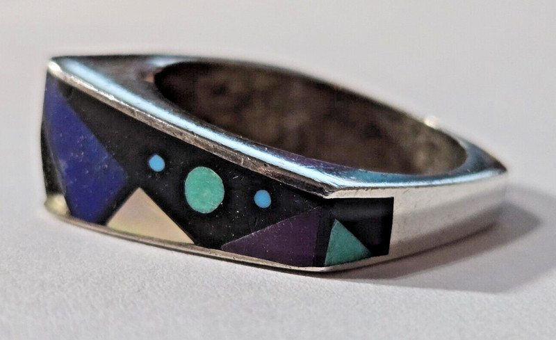 Silver Multi Gem Inlay Geometric Style Ring