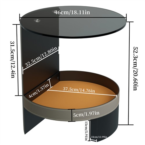 Rund Beistelltisch Modern Nachttisch Glas Leder Couchtisch Grau mit Stauraum DHL - Bild 10 von 12