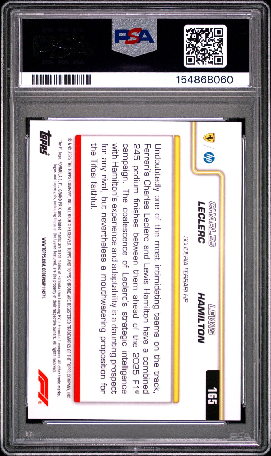 2025 TOPPS CHROME F1 S/E GOLD #165 CHARLES LECLERC/LEWIS HAMILTON 29/50 PSA 10 view 2