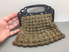 Popcorn Crochet Handbag Purse Vintage Plastic Handle Peacocks Green-Brown Lined