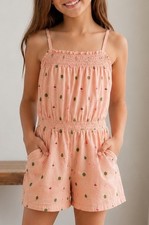Janie and Jack Girls Peach Flamingo Romper Dress Spaghetti Strap Size 12 Cotton